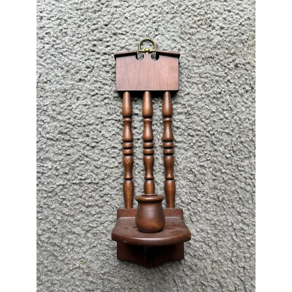 Vintage Wooden Spindle Back Wall Hanging Candle Holder. Cottage Core Country